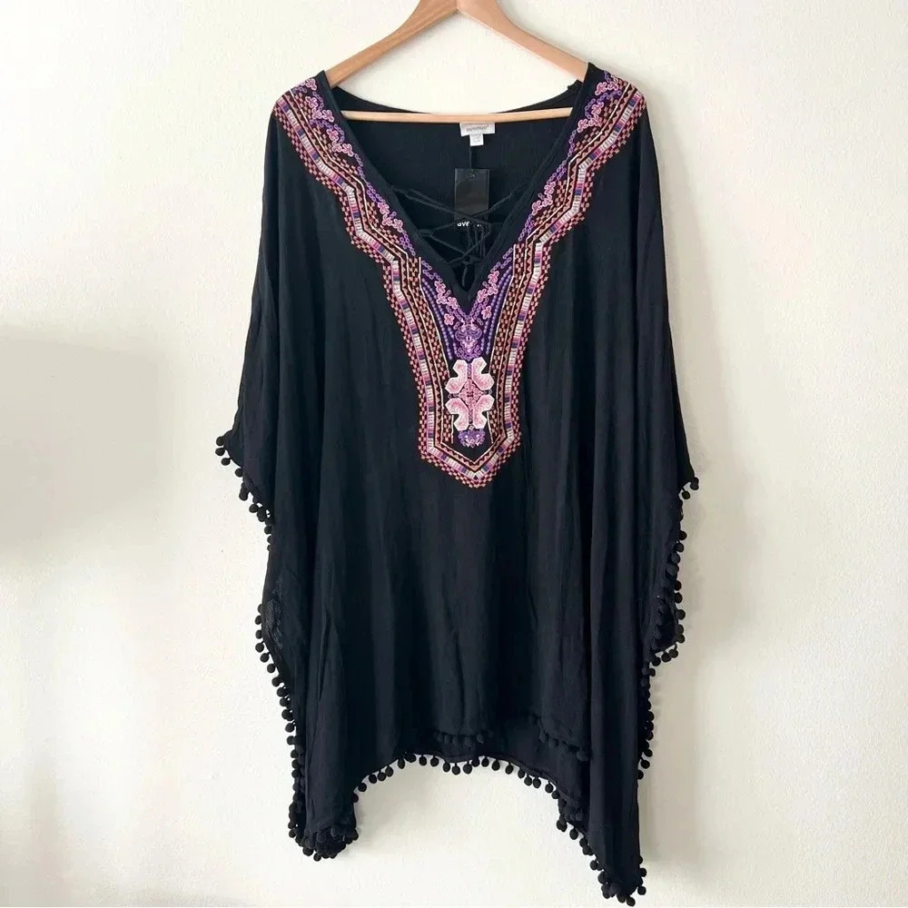 New Avenue 26 28 Plus Size Womens Black Embroidered Kaftan Madeira Top Tunic